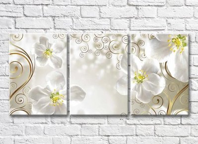 Триптих Белые цветки с золотыми узорами на бежевом фоне 3D7744 фото