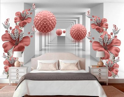 Пастельно бордовые 3Д цветы и шары, серый туннель 3D194 фото