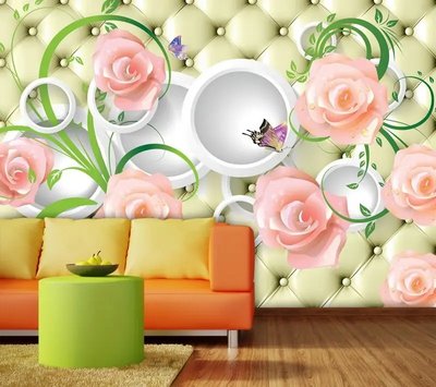 Фотообои Бледно розовые розы, зеленый узор и бабочки 3D5344 фото