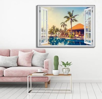 Наклейка на стену, 3D-окно с видом на город на воде W188 фото