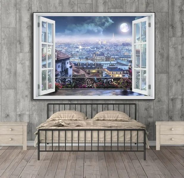 Наклейка на стену, Окно с видом на ночной город W138 фото