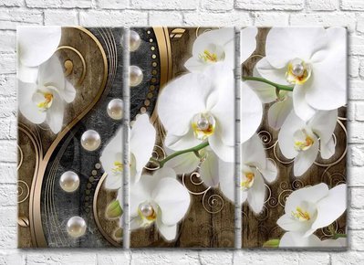 Триптих Белая орхидея с жемчужинами на бронзовом фоне 3D7845 фото