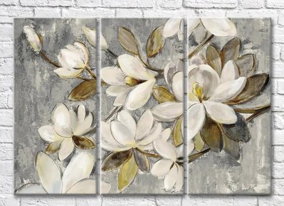 Triptic Flori mari de magnolie albă pe fundal gri Ris9295 фото