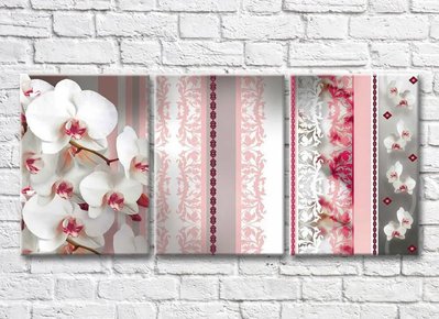 Triptic Ramuri de orhidee albă pe un fundal cu model roz 3D7745 фото