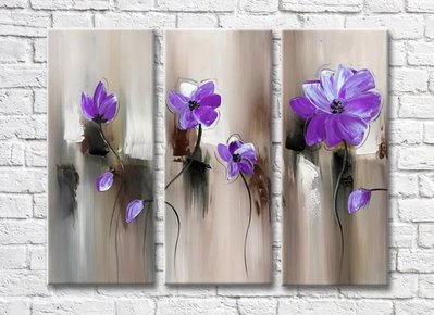 Триптих Фиолетовые цветы на абстрактном сером фоне Ris9245 фото