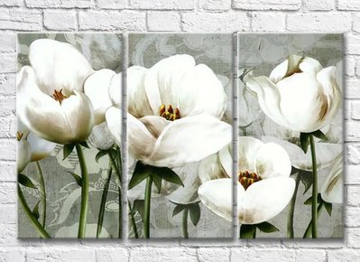 Триптих Белые рисованные цветы на зеленом фоне 3D7895 фото