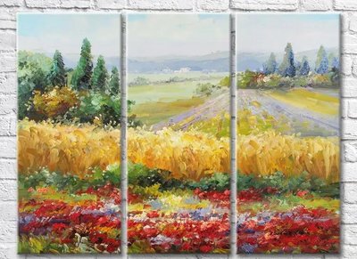 Триптих Вспаханное поле и красно-желтые цветы Sre7545 фото