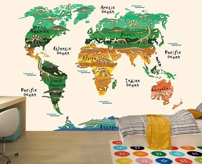 Harta lumii pentru copii cu schelete de dinozaur pe fundal bej Det1045 фото