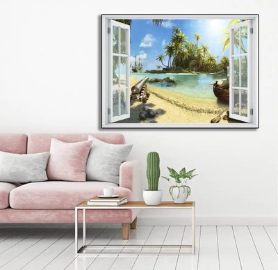 Наклейка на стену, 3D-окно с видом на остров пиратов W137 фото