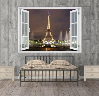 Наклейка на стену, 3D-окно с видом на Парижскую ночь W87 фото
