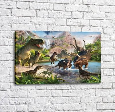 Постер Огромные динозавры в джунглях на фоне гор Mul16365 фото