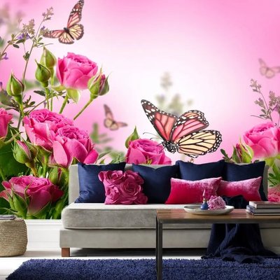 Бабочки и розовые розы на розовых фонах TSv4945 фото