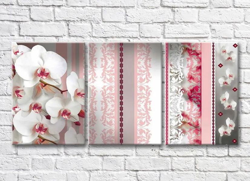 Triptic Ramuri de orhidee albă pe un fundal cu model roz 3D7745 фото
