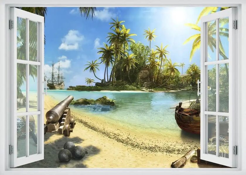 Наклейка на стену, 3D-окно с видом на остров пиратов W137 фото