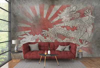 Desen al unui dragon pe fundalul unui soare roșu cu raze Vos346 фото