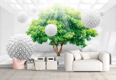Фотообои Дерево акации и узорные шары 3Д в лучах солнца 3D4746 фото