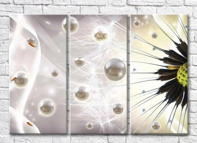 Триптих Лепестки одуванчика и жемчужины на сером фоне 3D7846 фото
