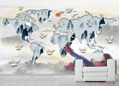 Голуби и карта мира на фоне туманного пейзажа со скалами Abs996 фото