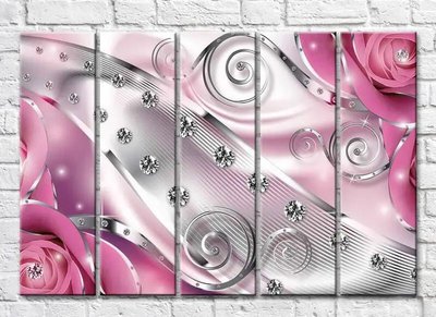 Poliptic Abstracție roz cu trandafiri și diamante 3D7196 фото
