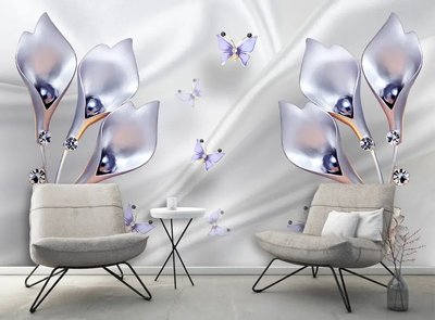 3Д фотообои, жемчужные цветы и фиолетовые бабочки на фоне шелка 3D4646 фото
