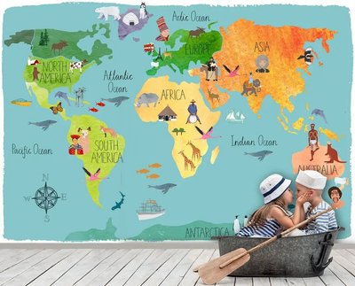 Harta lumii pentru copii cu continente multicolore pe fundal albastru Det1046 фото