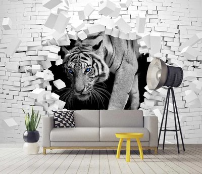 Белый тигр с синими глазами на фоне разбитой кирпичной стены Fot746 фото