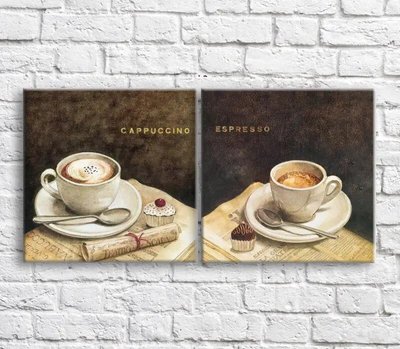 Poză cu Cappuccino și espresso pe un fundal negru, retro, diptic Eda10596 фото