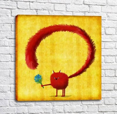 Poster Mică pisică roșie cu o coadă lungă și un buchet de flori Kot16970 фото