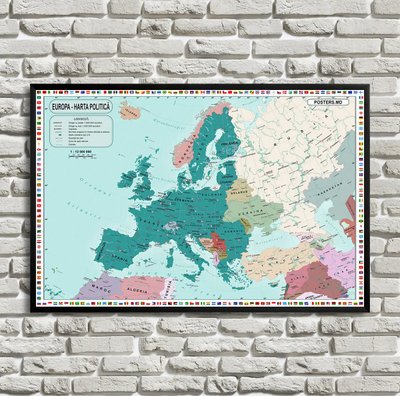 Harta politică a Europei în limba română, fundal turcoaz Kar14803 фото