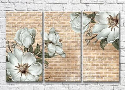 Триптих Белые цветы магнолии на фоне кирпичной стены 3D7947 фото