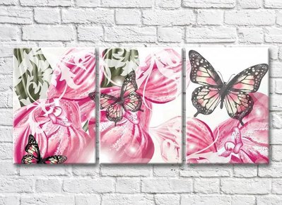 Триптих Бабочки на фоне розовых лепестков орхидей 3D7747 фото