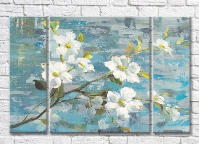 Триптих Белые цветки на голубом фоне Ris9147 фото