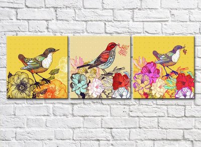 Яркий триптих с разноцветными цветами и птицами TSv5597 фото