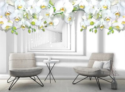 Красивые белые орхидеи и серый 3Д туннель 3D197 фото