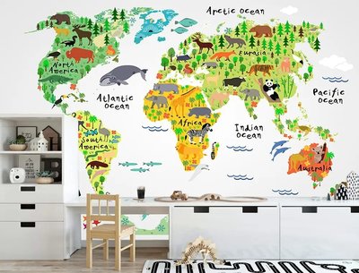 Harta lumii pentru copii cu continente colorate și animale pe un fundal deschis Det1047 фото