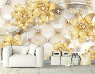 Фотообои Крупные золотые цветы на фоне каретной стяжки со стразами 3D3847 фото