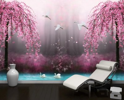 Sakura înflorită într-un parc cețos lângă un iaz cu lebede TSv297 фото