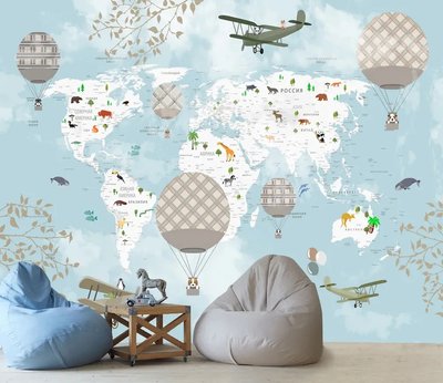 Белые континенты карты мира на небесном фоне с воздушными шарами и самолетами Fot497 фото