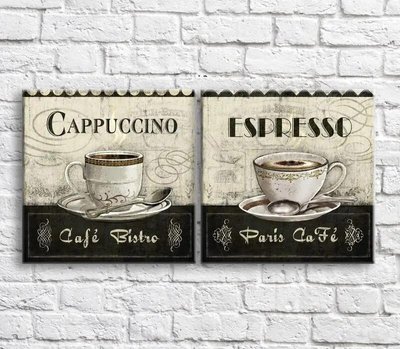 Pictură Cappuccino și espresso pe fundal alb-negru, diptic Eda10597 фото