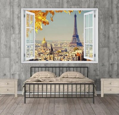 Наклейка на стену, 3D-окно с видом на город Париж W85 фото