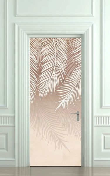 3Д наклейка на дверь, Пальмовые листья на бежевом фоне ST284 фото