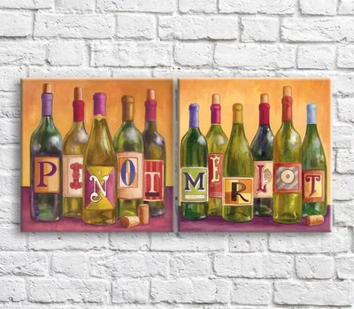 Картина Разноцветные бутылки с вином и пробки на оранжевом фоне, диптих Eda8439 фото