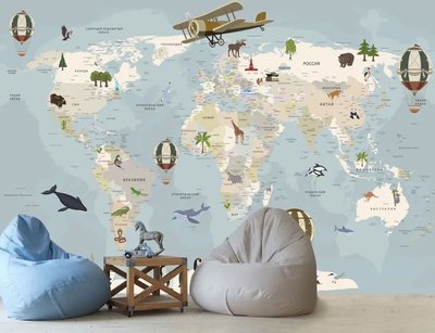 Самолет и воздушные шары на фоне детской карты мира с животными Fot448 фото