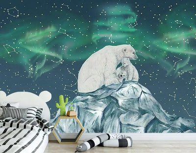 Urs polar și pui pe un fundal de cer albastru cu aurore boreale Fot748 фото
