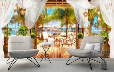 Vedere Fresco de la terasă la palmieri și o plajă tropicală Fre4999 фото