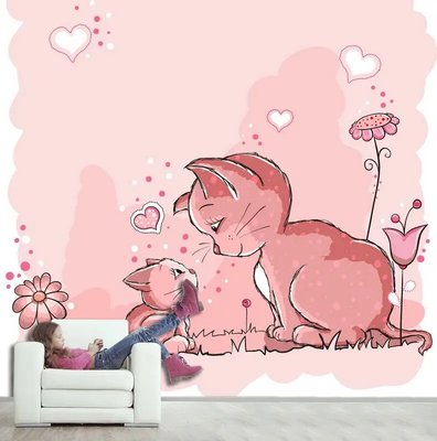 Фотообои Розовая кошка и котенок на фоне цветов и сердечек Ger2800 фото