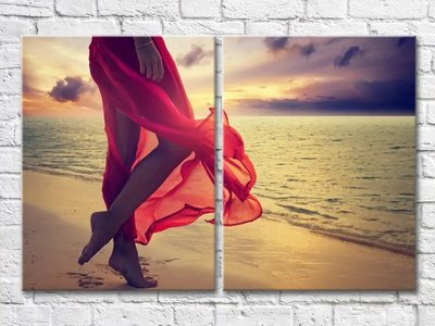 Diptic Fată într-o rochie roșie pe plajă Mor8150 фото