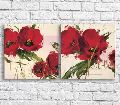 Картина Красные тюльпаны маслом на светло розовом фоне, диптих TSv10450 фото