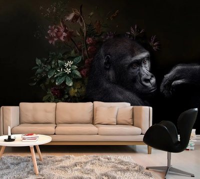 Gorila și un buchet de flori sălbatice pe un fundal negru Ris1450 фото