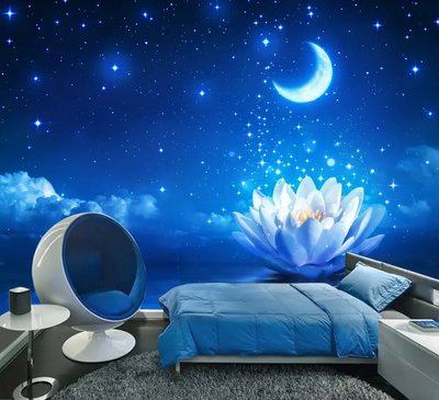 Распустившийся цветок кувшинки на фоне ночного неба со звездами и луной Fot450 фото